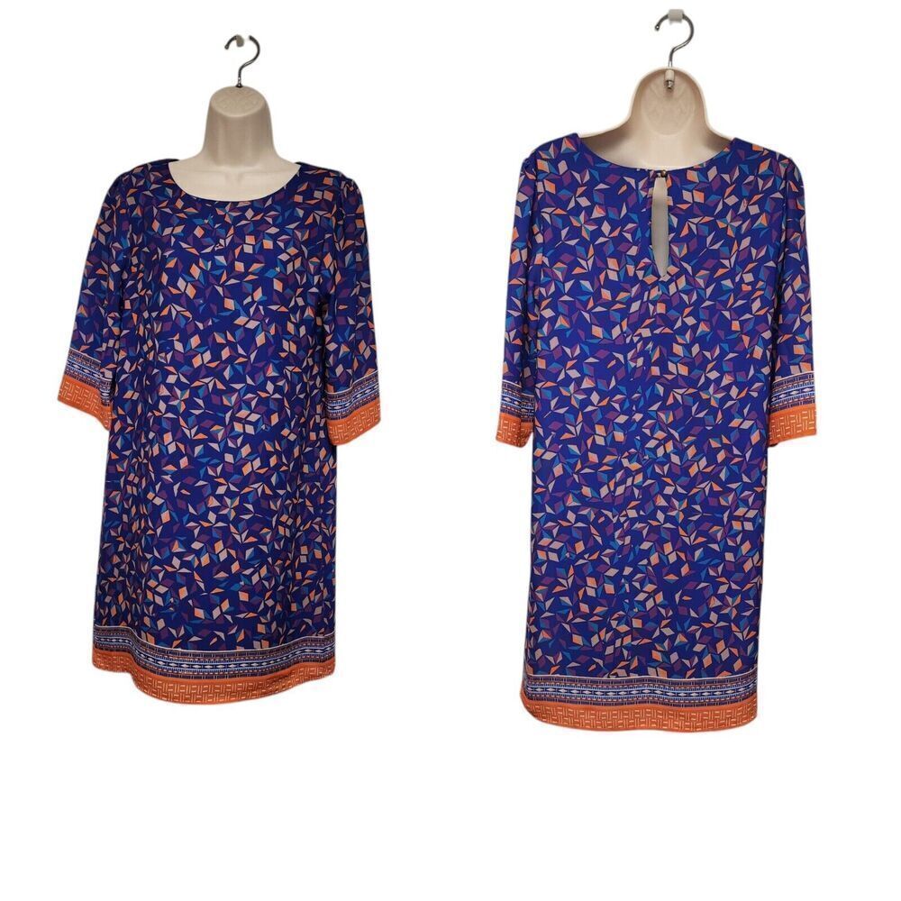 Everly Womens Blue/Orange Diamond Pattern Shift Dress Size Medium